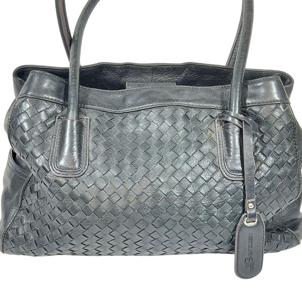 B. Makowsky Shoulder Tote Bag Purse Black Woven Braided Leather Leopard Lining - Picture 3 of 12